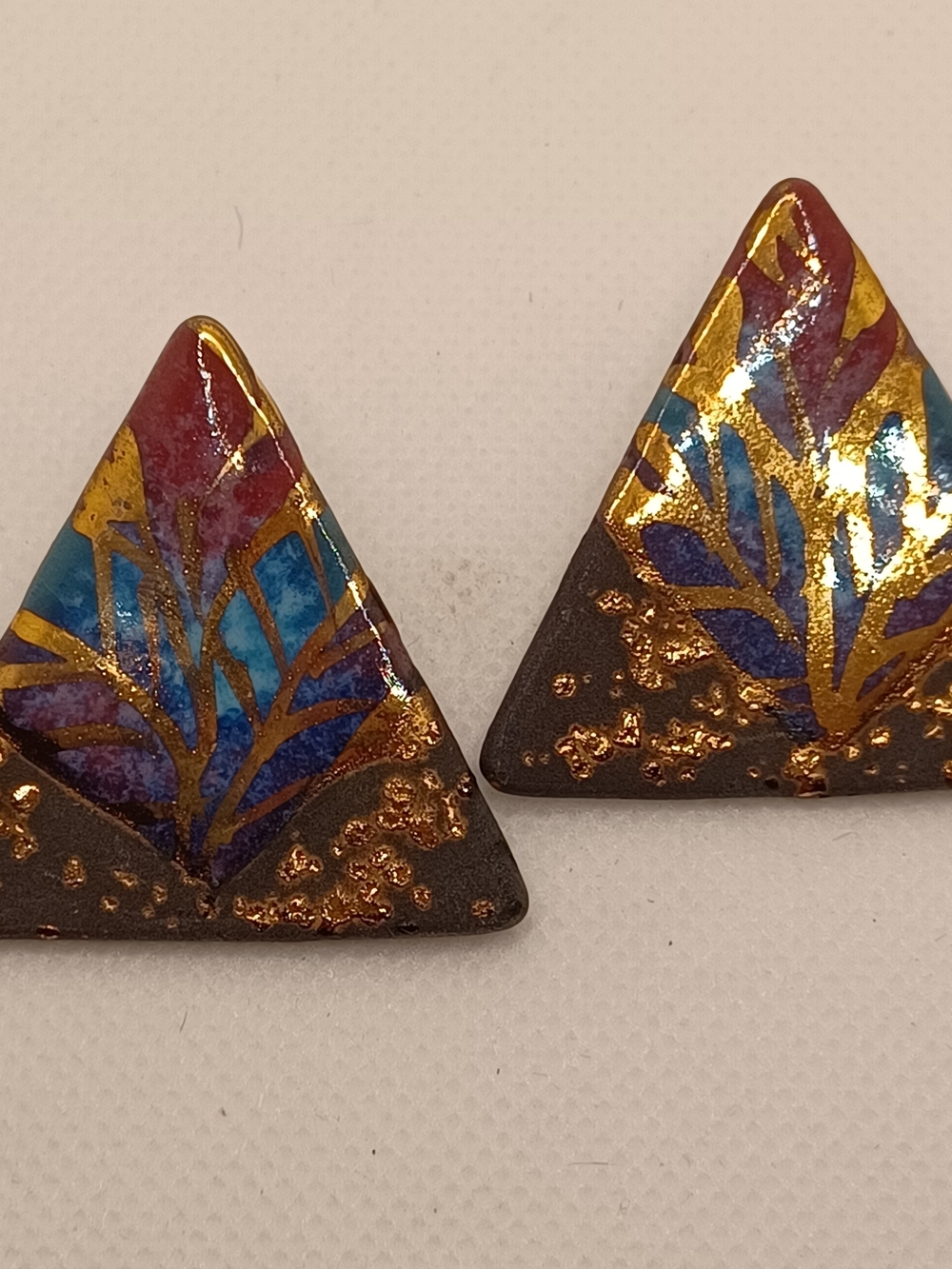 Handpainted Triangle Statement Earrings in Blue, Purple & Gold